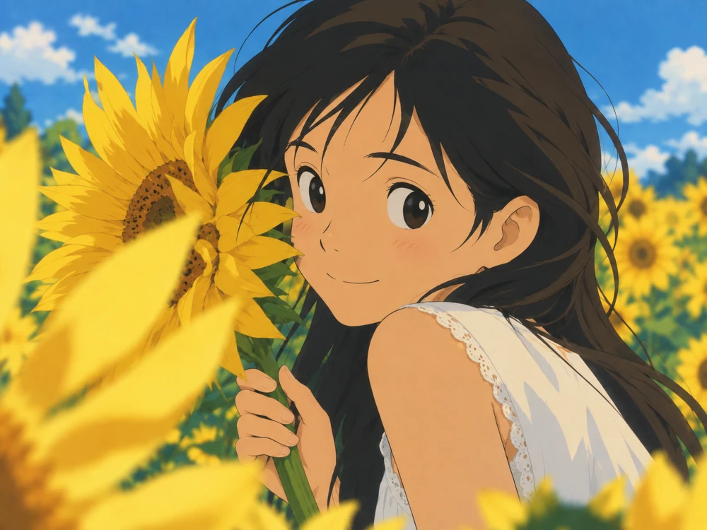 Ghibli-style portrait in a sunflower field