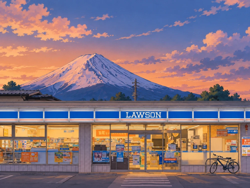 Ghibli-style convenience store and mountain artwork