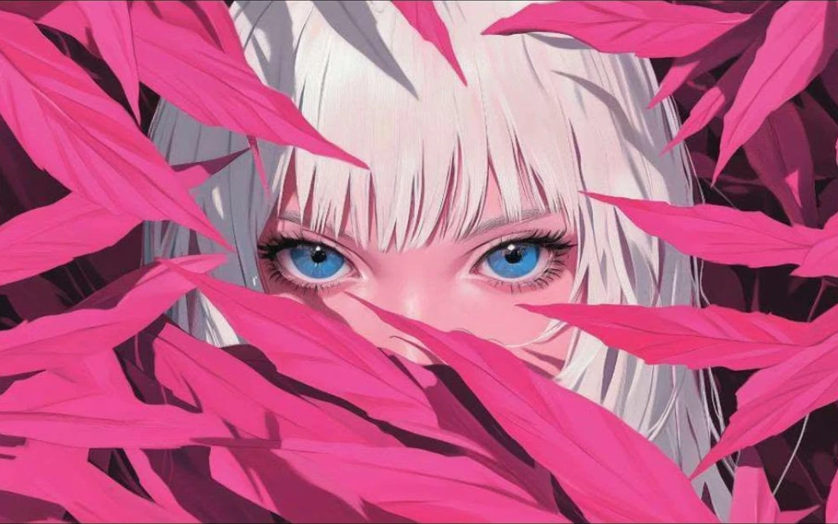 AI-edited anime portrait with pink leaves